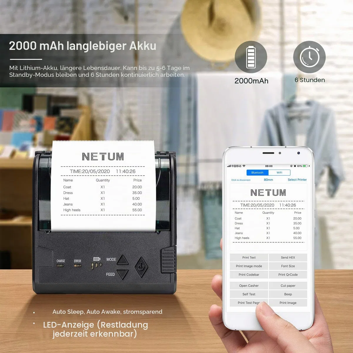 NETUM 80 mm kabelloser Bluetooth-Thermodrucker, tragbarer persönlicher Rechnungsdrucker, 7,6 cm, Mini-USB-POS-Drucker, kompatibel mit Android/iOS/PC/Windows/Linux NT-8003