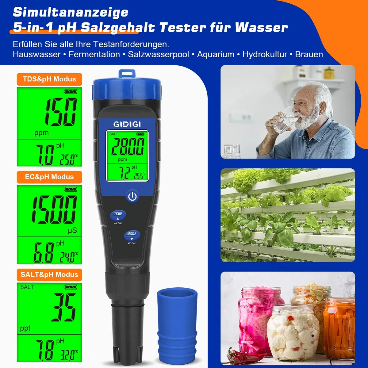 pH Messgerät Salztester für Pool,Digitales 5-in-1 pH TDS EC Salzgehaltmessgerät mit Kalibrierungslösungssatz, pH ppm Meter für Salzwasserpool, Aquarium, Whirlpool, Spa, Hydrokultur, Hausgebräu