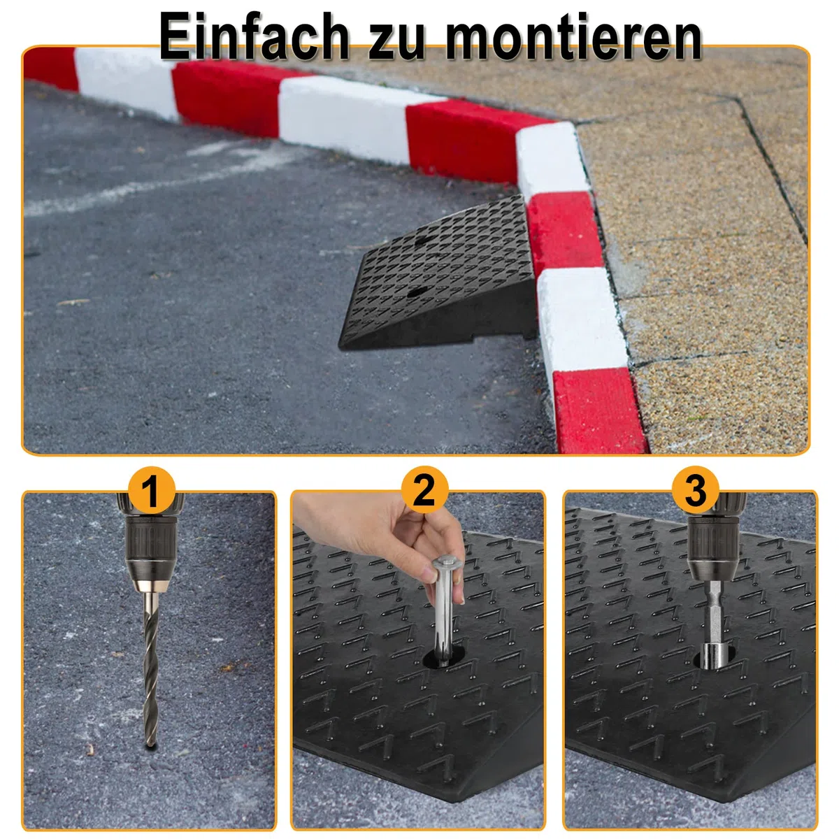 2er Set Gummi Bordsteinrampe, 10,5cm Höhe, Schwerlast Rampen für Bordsteinkante, Tragbare Dämpfungsrampe für Auto, Motorrad, Rollstuhl & Rollator, Schwarz