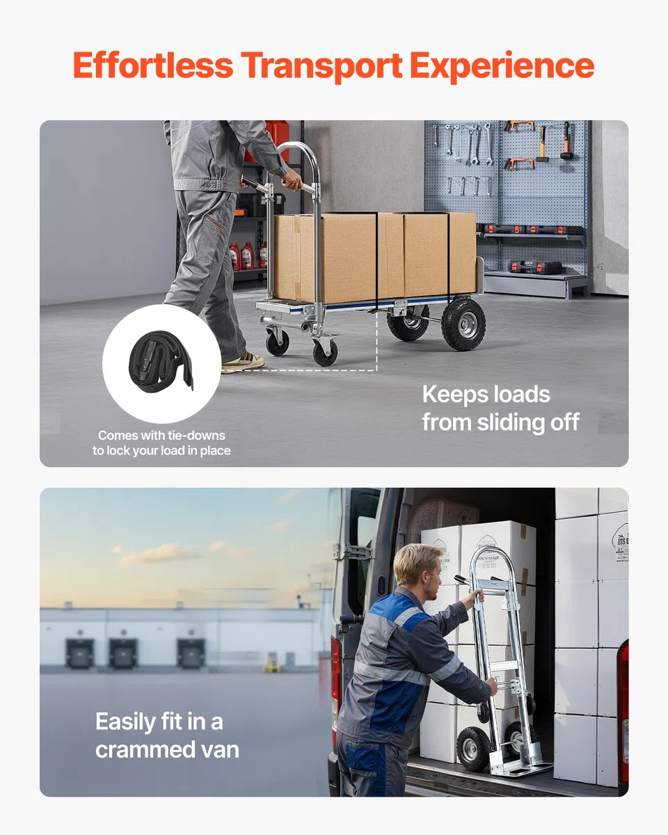 VEVOR 2-in-1-Sackkarre 454 kg, Transportkarre im 4-Rad-Modus, Umwandelbarer Plattformwagen mit Rutschfestem Griff, Tragbarer Handwagen Transportwagen, Trolley für Umzüge, Büro, Lager, Supermarkt