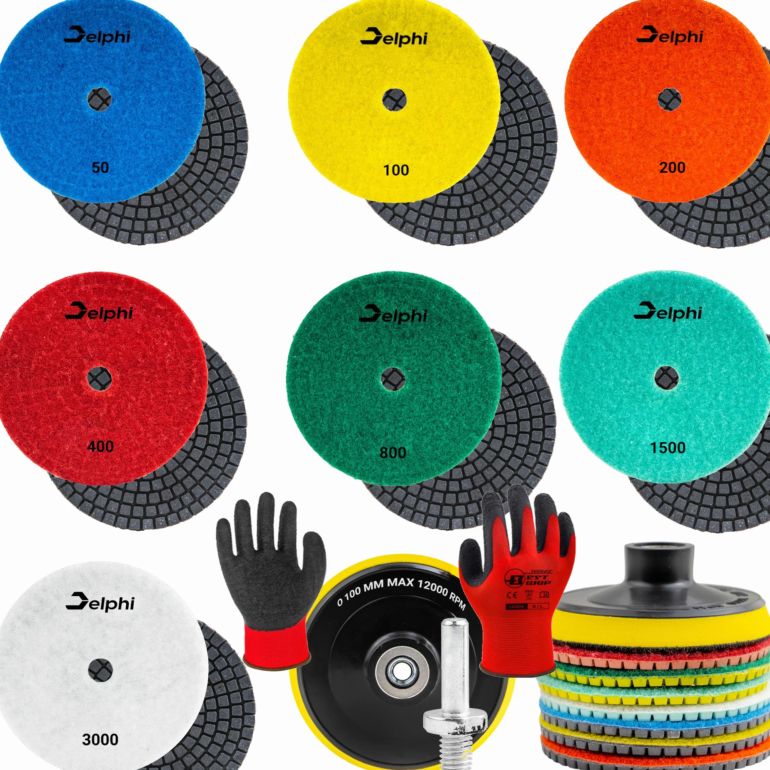 DELPHI Nass Diamant Schleifscheibe Polierset 7 Stück Diamantscheiben Set 100mm zum Schleifen Polieren von Feinsteinzeug, Keramik Körnung 50-3000 mit Wollpad M12-Adapter und Schutzhandschuhe