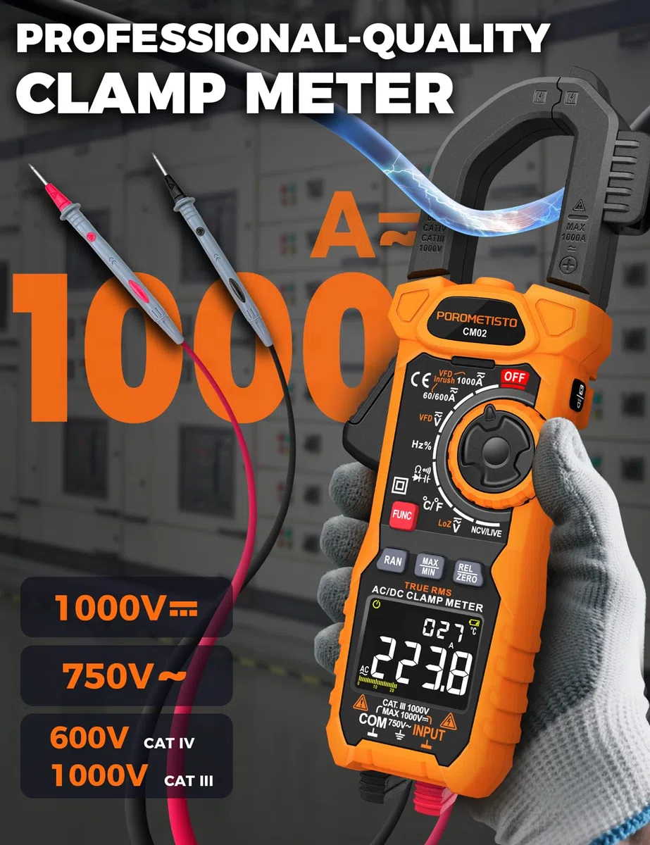 AC/DC 1000A Stromzange, Counts 6000 TRMS Strommesszange CM02,Zangenamperemeter mit VFD/LOZ-Modus,Multimeter zum Messen von AC/DC,Strom,Spannung, NCV,Frequenz,Temperatur und Kapazität