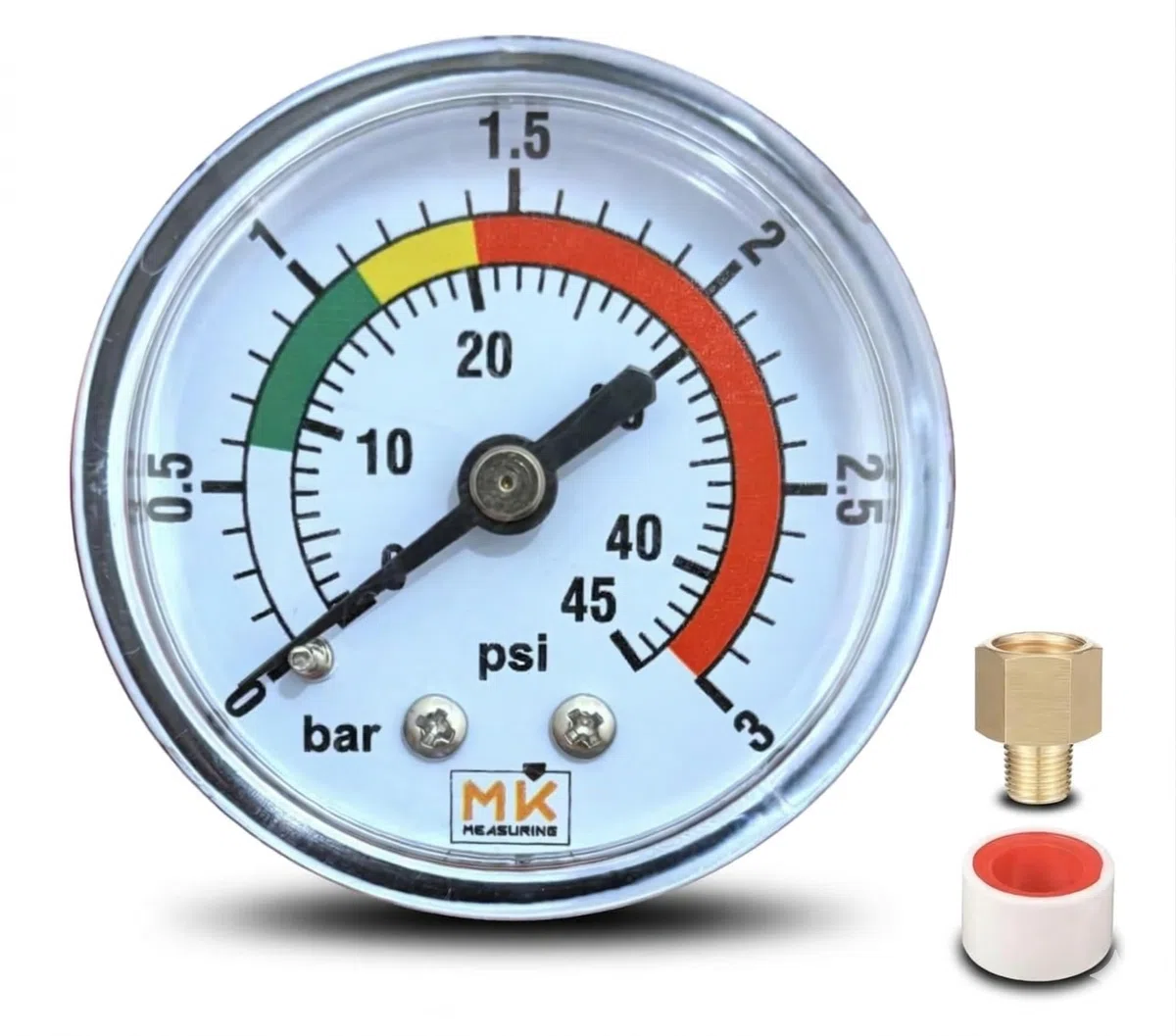 Poolfilter-Manometer 0-3 bar / 45 PSI, 1/4" BSP Messinganschluss axial, 2" Zifferblatt, für Sandfilteranlagen – Inkl. Teflonband und 1/8" Adapter
