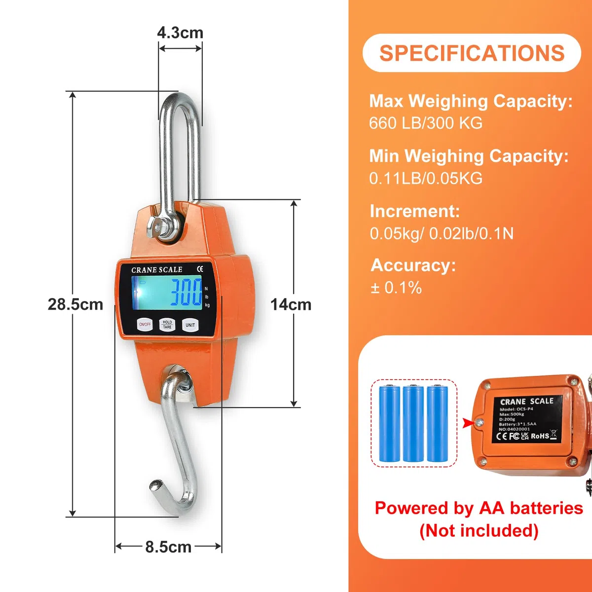 EFUTURETIME Hängewaage Digital 300KG, Kranwaage Präzision Portabilität aus Aluminium, Wildwaage Hakenwaage für Jagd, Angeln, Bauernhof, Fabrik, Wharf-Wiegen, Stahlrohstoffe, Orange