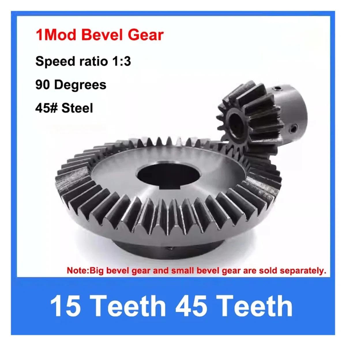 1 stücke 1:3 Kegelrad 1M 15 Zähne 45 Zähne 45# Stahl Innen Loch 6/8/10/12mm Getriebe 90 Grad Kämmen Winkel Stahl Zahnräder(8mm,15 Teeth)