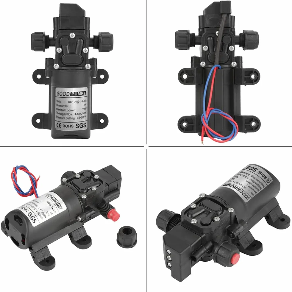 Selbstansaugende Pumpe 12 V, Wasserpumpen DC 12 V, 0,9 MPa, 6 l/min, 70 W, Hochdruckmembran, Garten, Landwirtschaft, Bewässerung, Schlauch für Wohnwagen Camping Boot