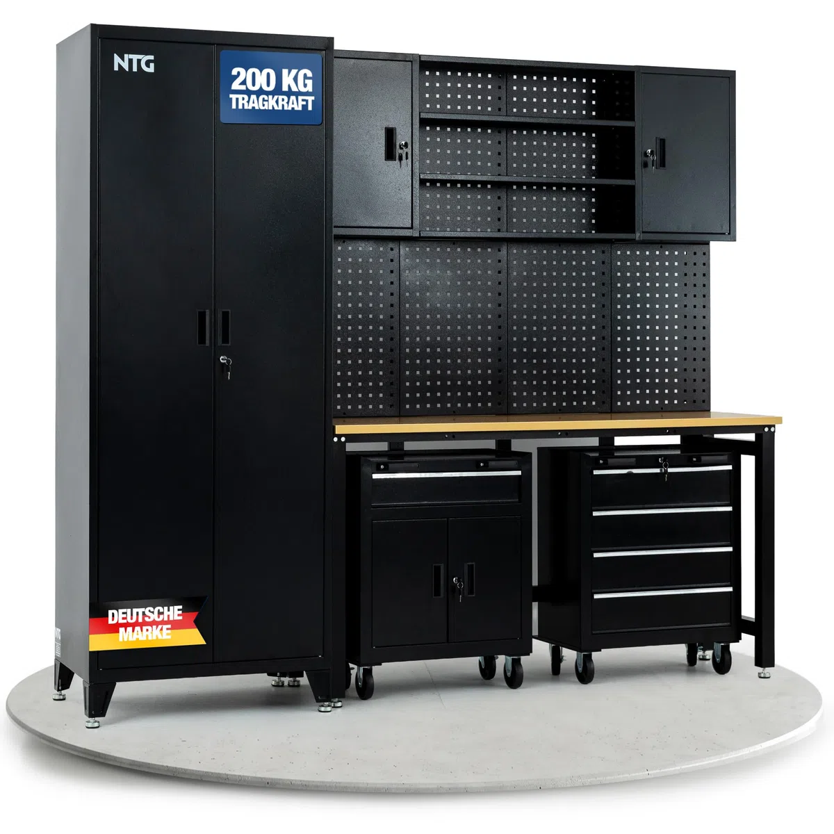 NTG XL Werkstattwand Komplett-Set 210 cm – Werkbank mit Werkstattwagen-Elementen & Lochwand – Modulare Werkstatteinrichtung mit Werkzeugschränken, 25 mm Holzarbeitsplatte, 200 kg Traglast