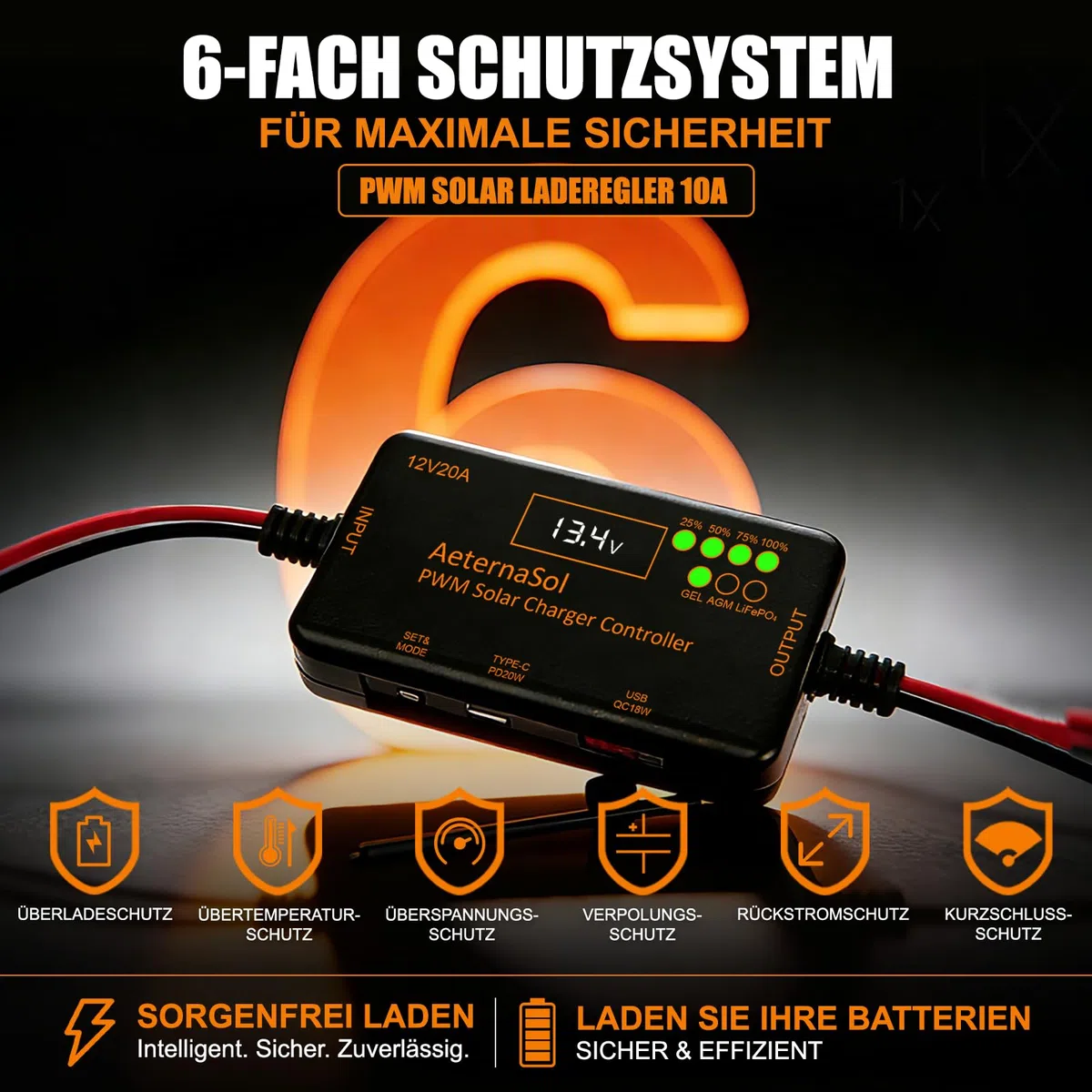 MPPT Solar Laderegler 10A mit USB-C 36W + USB 18W Schnellladung, Solarladeregler 12V mit LCD Display, Laderegler Solar 12V für LiFePO4, AGM & GEL Batterien, 30V VOC, Wohnmobil, Camping, Boot