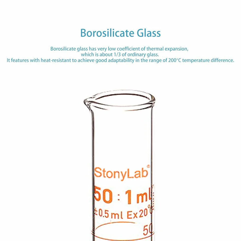StonyLab 4er Pack 50 ml Borosilikatglas Labor Zylinder Messzylinder, Glass Cylinder - 50 ml