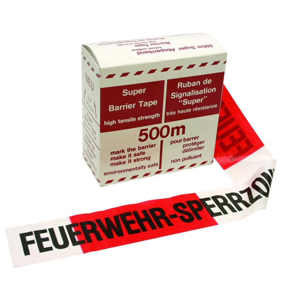Dönges Kelmaplast Absperrband, Feuerwehr-Sperrzone, rot/weiß, 500 m (Flatterband Warnband Folienabsperrband Markierband Markierungsband Sicherheitsband Signalband Signalklebeband Warndruckband)
