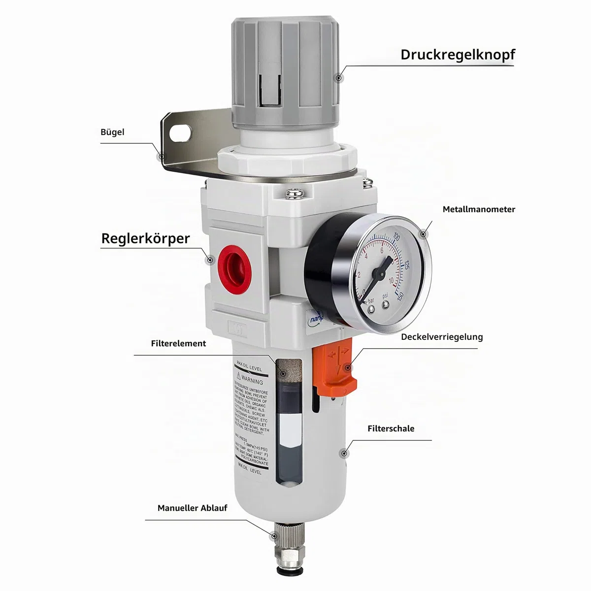 NANPU 3/8" BSP Druckluft Filterregler - 5 μm Messingfilterelement, Manometer (0-10 bar), Poly-Schale, Halbautomatisches Ablassen, Halterung