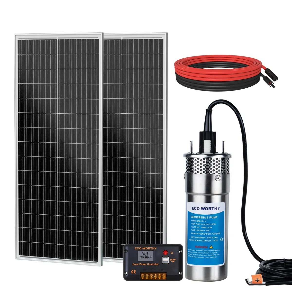 DCHOUSE 200W Solar Tiefbrunnen-Tauchpumpen Kit mit 12V Solarwasserpumpe + 2 STÜCKE 100W Solarpanel (Y-Verteiler separat erhältlich)