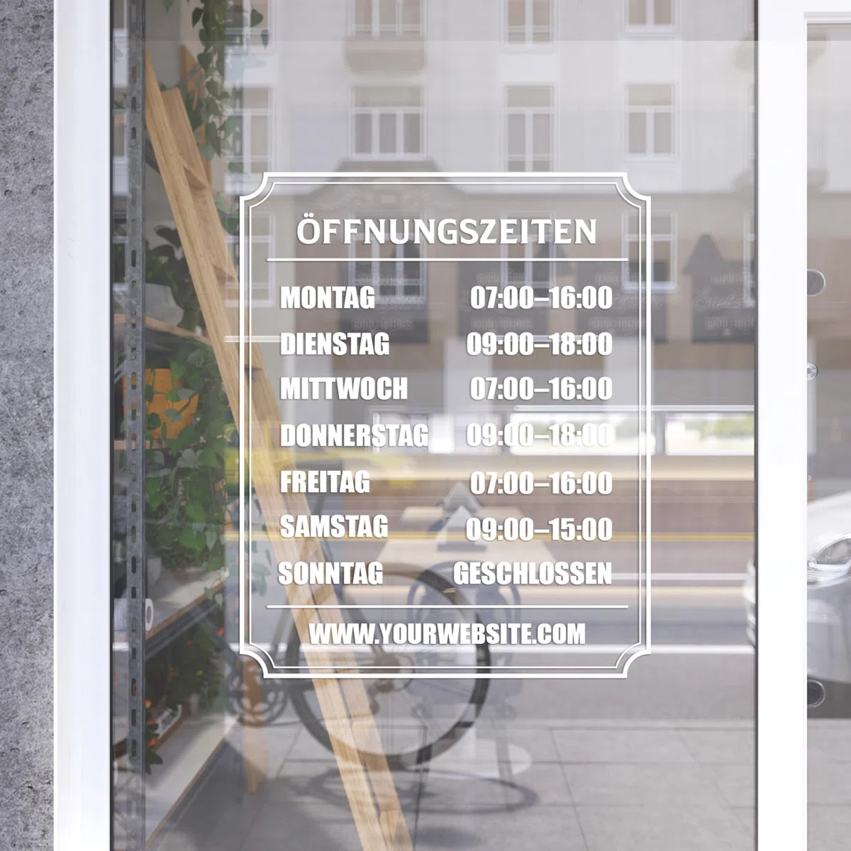 Öffnungszeiten Aufkleber Schaufenster mit Rahmen 23x30 cm – Wunschtext Fensterfolie Schaufensterbeschriftung – wetterfest weiß für Glastür Geschäft Laden – Made in Switzerland