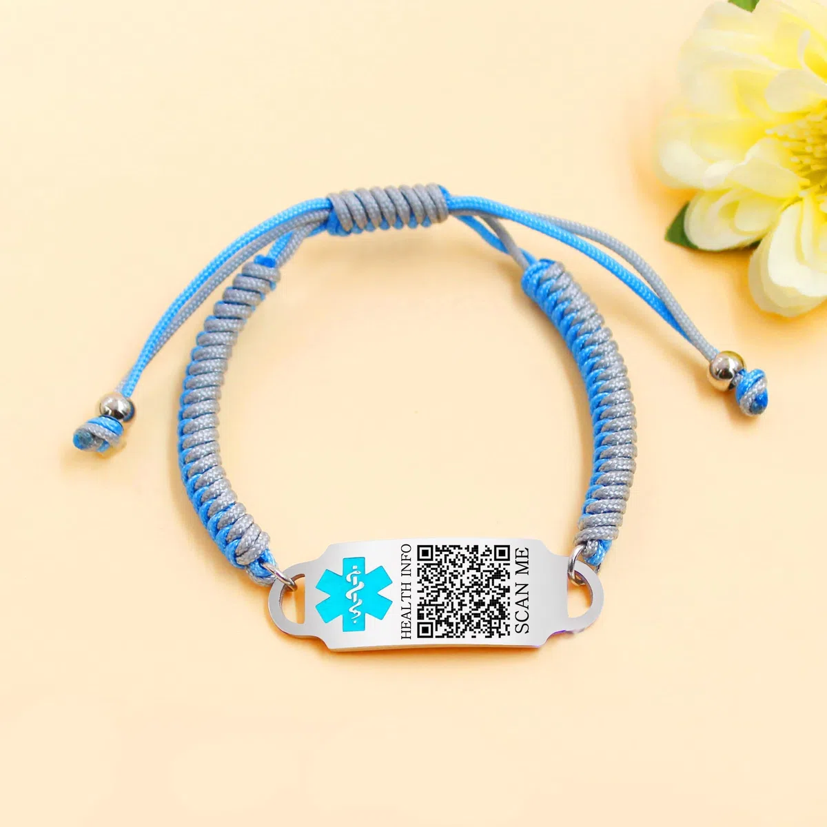 Armband mit QR-Code – Graviertes medizinisches ID-Band – Verstellbares, handgefertigtes Seilarmband für Diabetes, Herzerkrankungen, Allergien – YA5657