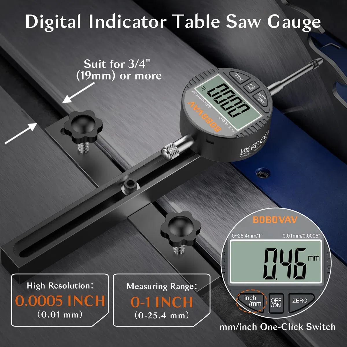 Digital Messuhr für 19mm Tischsäge, 0,01 mm Messwerkzeug mit LCD-Display Metrisch/Zoll, 18cm langer Alu-Schienen, Einstellung von Sägeblatt und Parallelanschlag zum Ausrichten & Kalibrieren