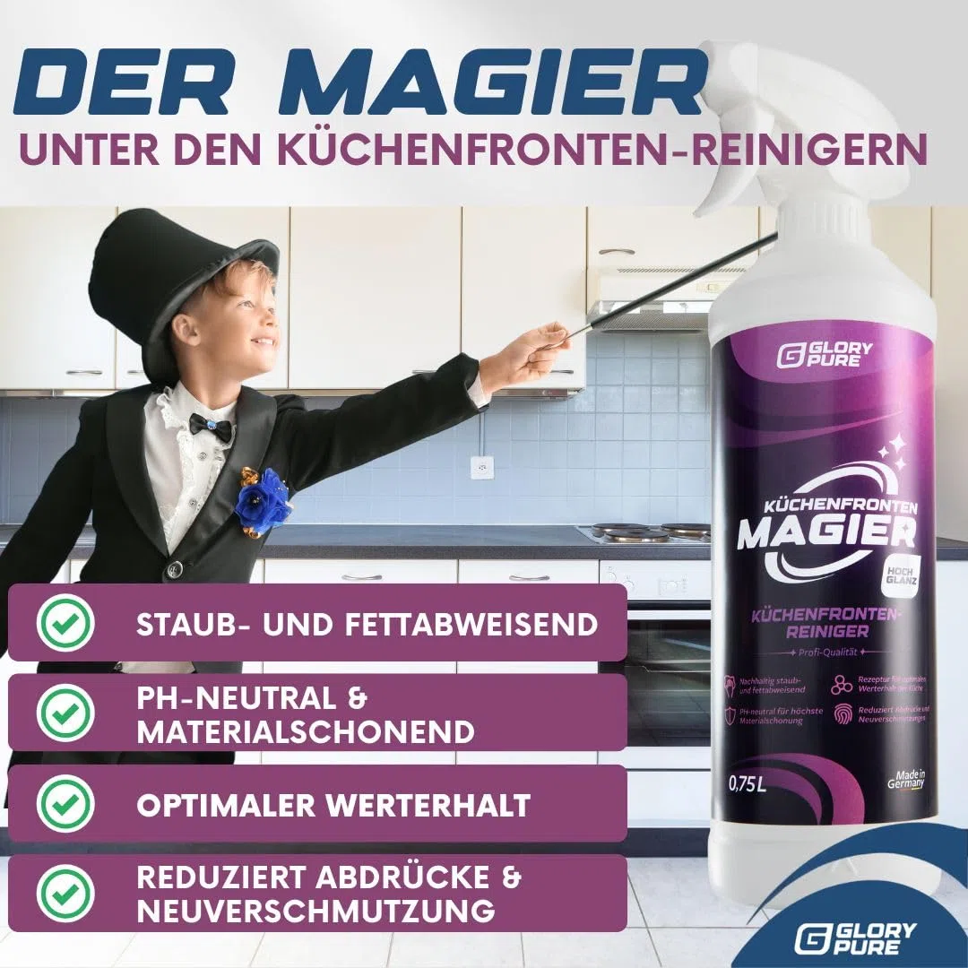 KÜCHEN-FRONTEN MAGIER HOCHGLANZ 750 ml | Professioneller Spezialreiniger für hochglänzende Küchenfronten, streifen- und schlierenfreie Oberflächen | Anti-Fingerprint, optimale Werterhaltung