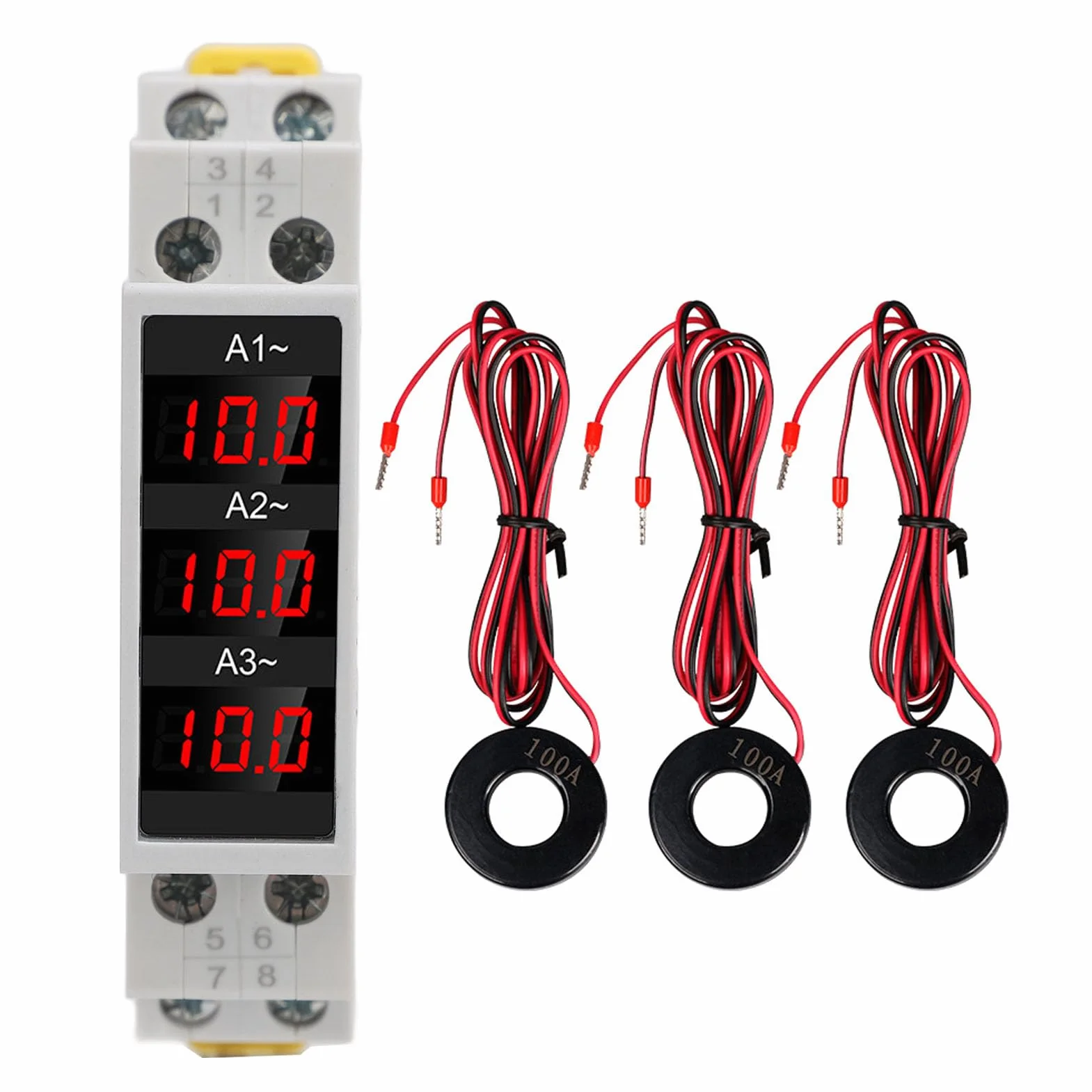 3-Phasen-DIN-Schienen-Amperemeter, AC-Amperemeter mit 3 Sensoren, Echteffektivwert, 1–100 A Stromüberwachung, 80–500 V AC-Digitalanzeige, Industrielle Energieanzeige für Fabrikautomatisierung