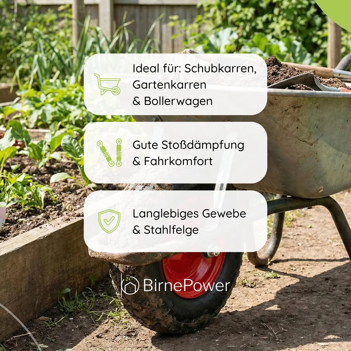 BirnePower Schubkarrenrad Rad Räder Ersatzrad Luftrad Felge rot 4.10/3.50-6 2PR mit Achse Luftbereift