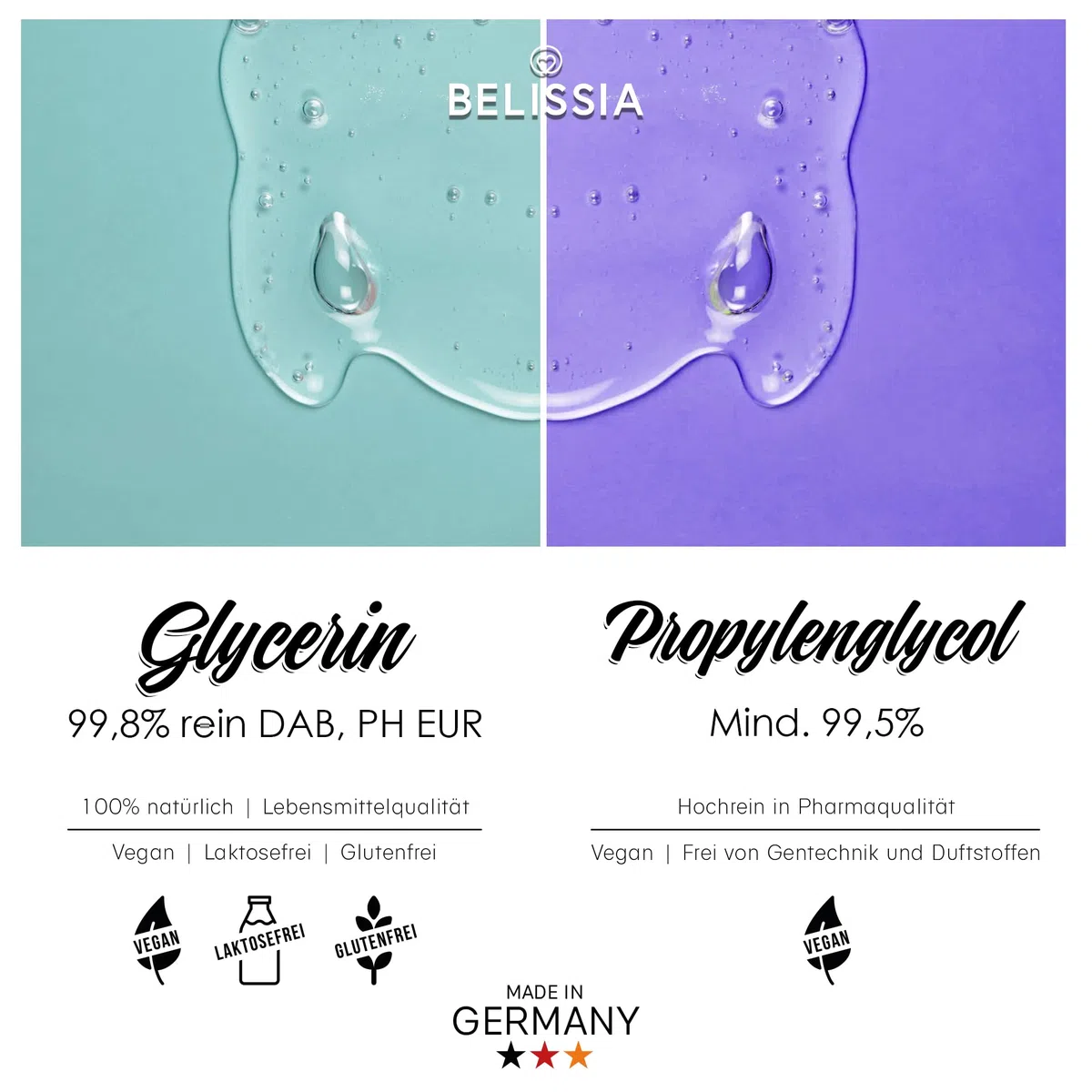 Belissia Glycerin (VG 99,8%) 1000ml E422 + & Propylenglykol (PG 99,5%) 1000ml E1520 | Laborqualität, Kosmetik, Pharma, Lebensmittel, Vegan