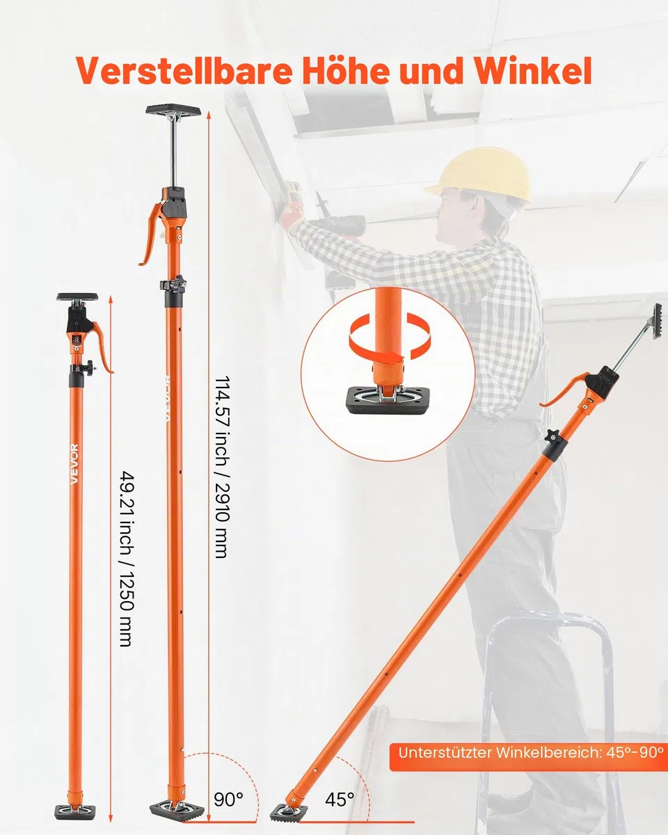 VEVOR Einhandstütze, 4 Stk., Deckenstütze 125–291cm, Teleskopstütze aus Stahl, Montagestütze bis zu 90kg Kapazität zum Installieren von Schränken, Anheben von Trockenbauwänden, Frachtstangen