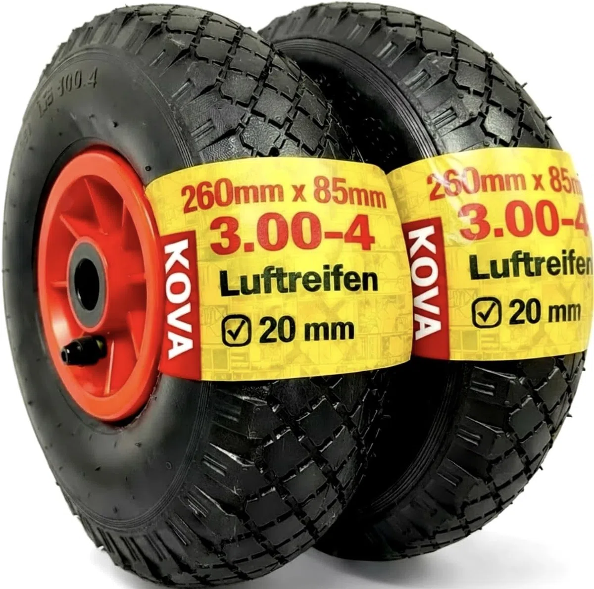 KOVA® 2X Sackkarrenrad LUFTBEREIFT 3.00-4, 260x85mm, Nabe Ø20×75, Reifen mit Schlauch & Rad Sackkarre Bollerwagen Luftreifen Ersatzrad Sackkarren Räder Rollenlager Luftrad Winkelventil Schw/Rot, L