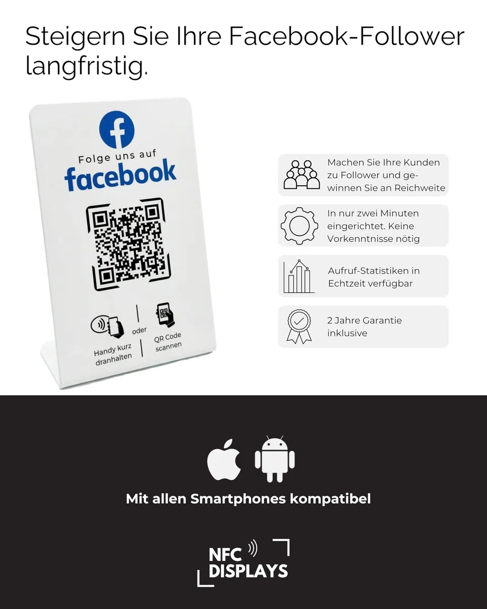 Aufsteller/Schild für Facebook mit QR-Code und NFC (16,5 x 10,5cm) - Deutsch