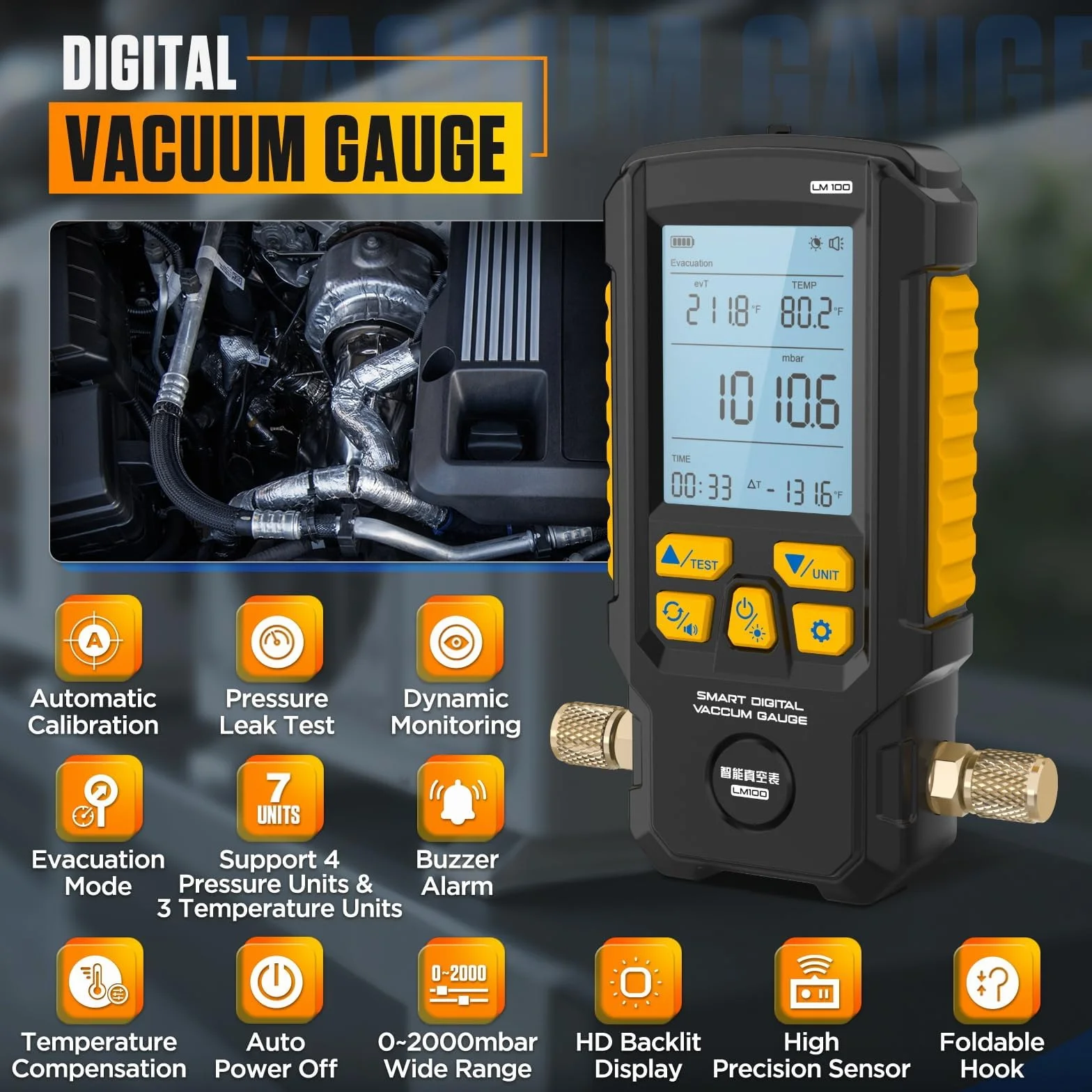 LM100 Intelligentes digitales Vakuummeter, HVAC 0 bis 2000 mbar, Auflösung 0,1 mbar, ±0,2% Genauigkeit, Vakuummeter, Temperaturkompensation, HVAC-Messgeräte mit 4 Einheiten (Torr, inHg, mbar, Hpa)