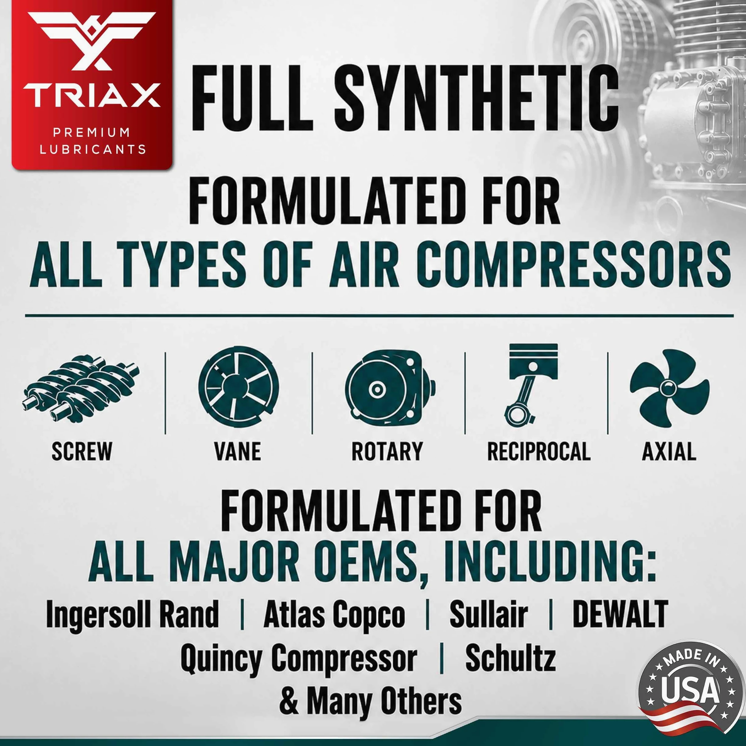 TRIAX Kompressor MV ISO 100 (SAE 30) – Vollsynthetisches Kompressor‑Öl, Non Detergent – Hohe Temperaturbeständigkeit, – Für Schrauben‑, Palette‑, Rotations‑ und Kolbenkompressoren 0,946 L (1 Quart)