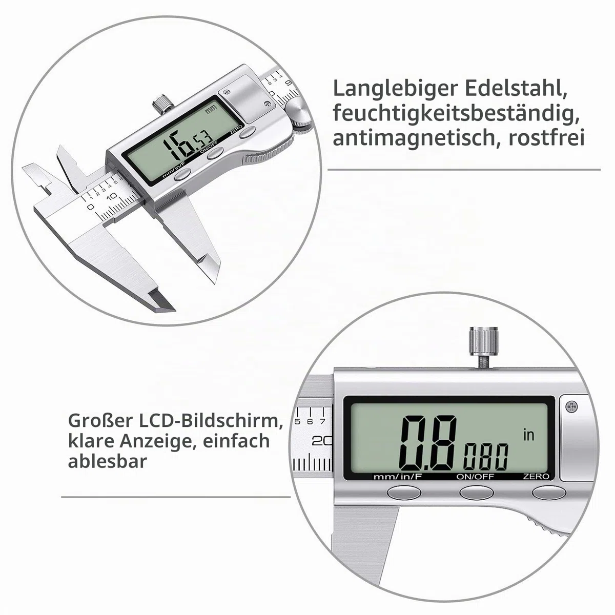 Proster Digitaler Messschieber 8 Zoll/200mm + 32 Fühlerlehre Schieblehre Edelstahl Elektronischer Meßschieber Zoll/Fraktionen/Metrisch Messschieber für Länge Breite Tiefe Innen-/ Außendurchmesser