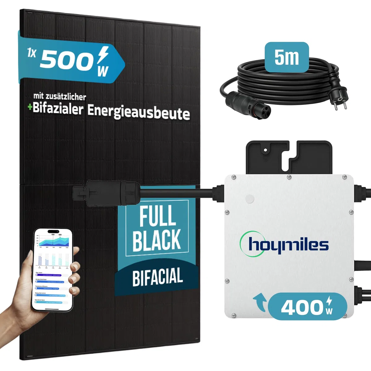 SUNNIVA® 500W Balkonkraftwerk BIFAZIAL FULLBLACK komplett Steckdose HOYMILES 400 Watt Wechselrichter, PV Solaranlage Komplettset, 1x 500W N-Type Glas Bifacial Solarmodule, 5m Kabel