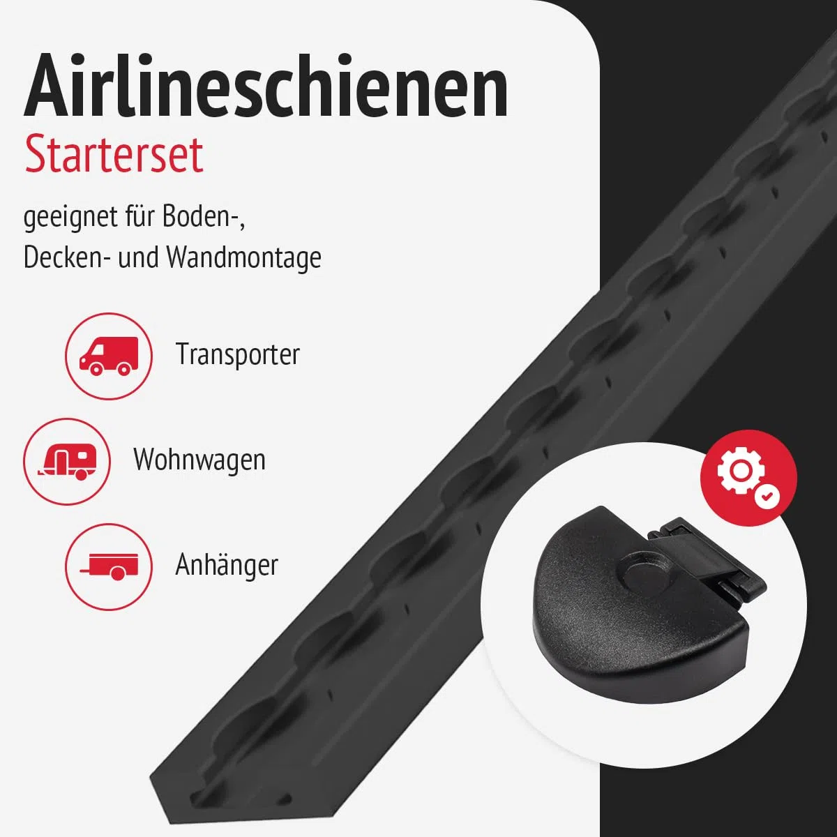 Airlineschienen mit Endkappen und Fittingen, 1.0 m, schwarz KTL-beschichtet, gebohrt, eckig, 34 x 9,6 mm | Zurrschiene | für Transporter, Wohnwagen, Sprinter (Starterset 2.4)
