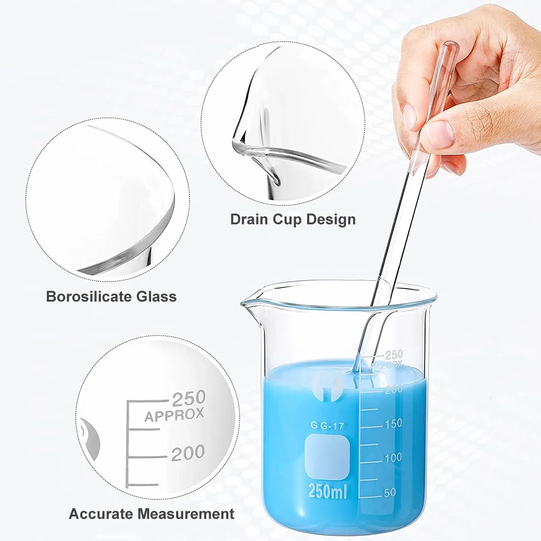 Borosilikatglas Bechergläser Set, JESSTOLO 5 Stück Dickglas Graduierten Becherglas mit Klare Ausguss 1000ml 500ml 250ml 100ml 50ml mit 2 Waschbürste, für Labor Forschung Medizin