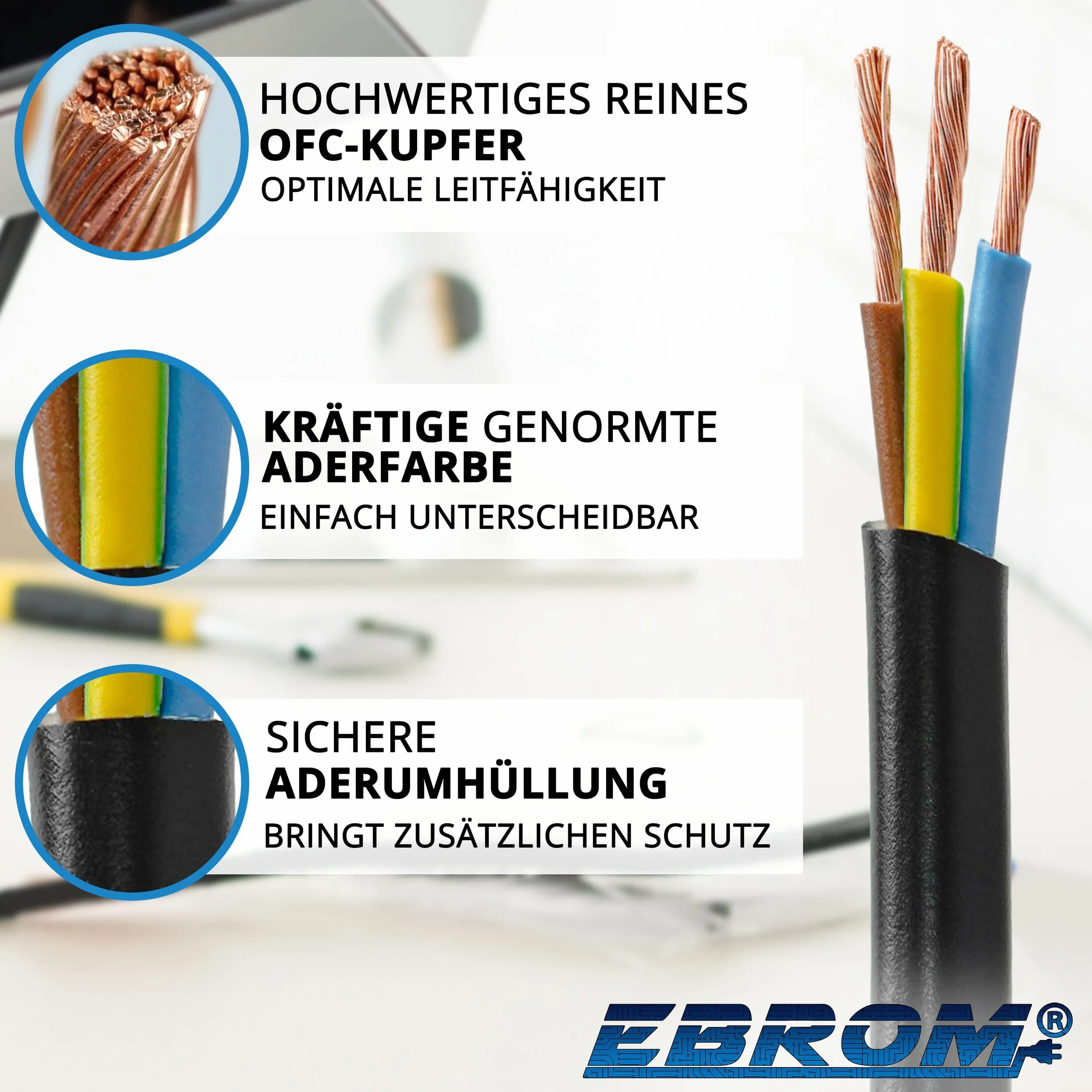 EBROM Schlauchleitung Gerätekabel -RUND- H05VV-F 3x1,5 mm², schwarz, 15 m | von 5 bis 150 m - flexibel RUND - 3x1,5 mm2, z.B. für Haushaltsgeräte Elektrowerkzeuge Verlängerung, mittlere Beanspruchungen