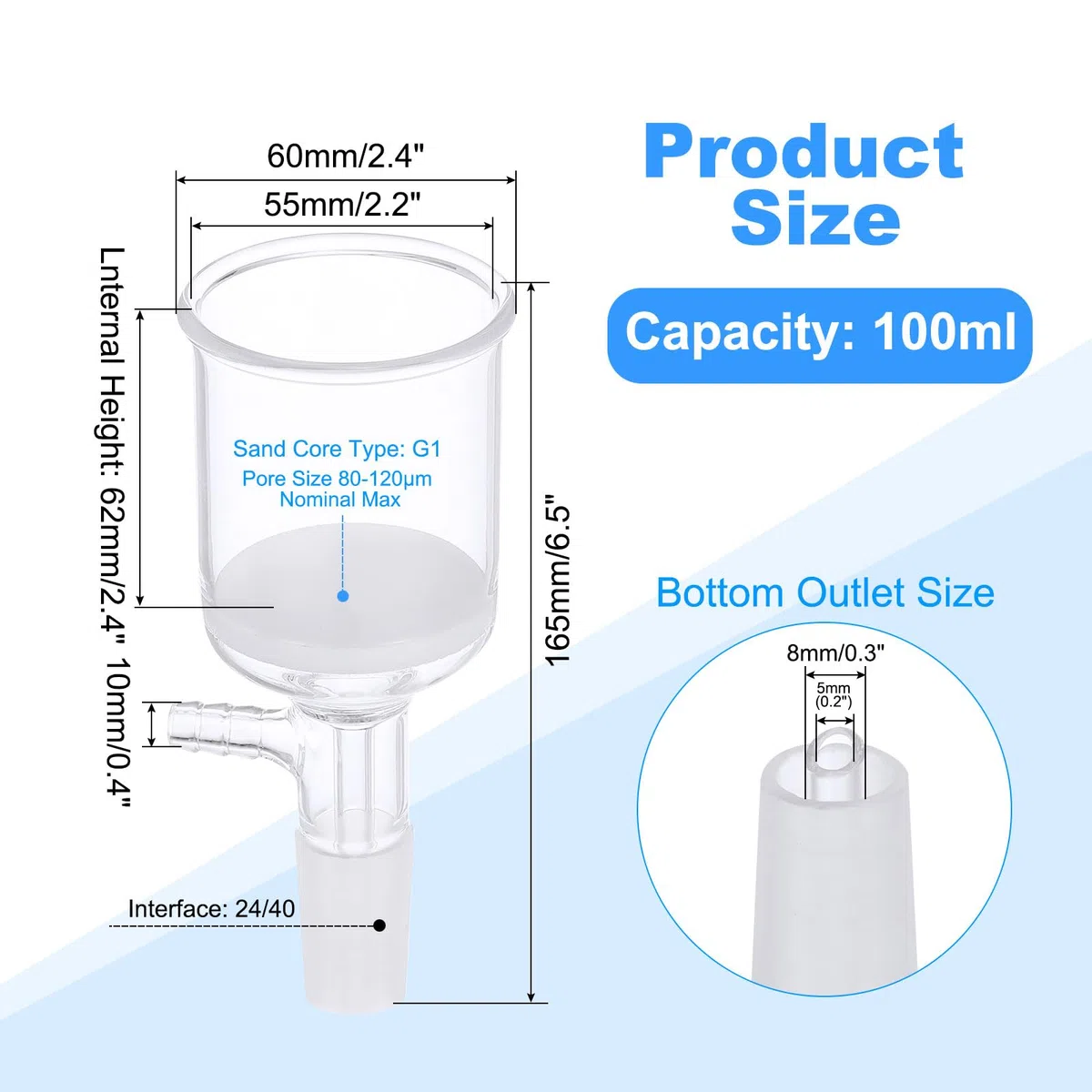 PATIKIL Buchner-Trichter, 100ml Borosilikatglas Buchner-Filtertrichter mit Feiner Fritte (G1), 24/40 Standard Kegel-Innenanschluss für Labor, Experiment, Klar, 55mm ID, 64mm Tiefe