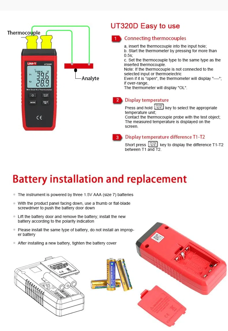 UNI-T Uni-trend Industrialthermometer UT320A Digital Thermometer : Mini Dual Thermocouple Typ K J High Temperature Meter -50℃ to 1200℃ Tester