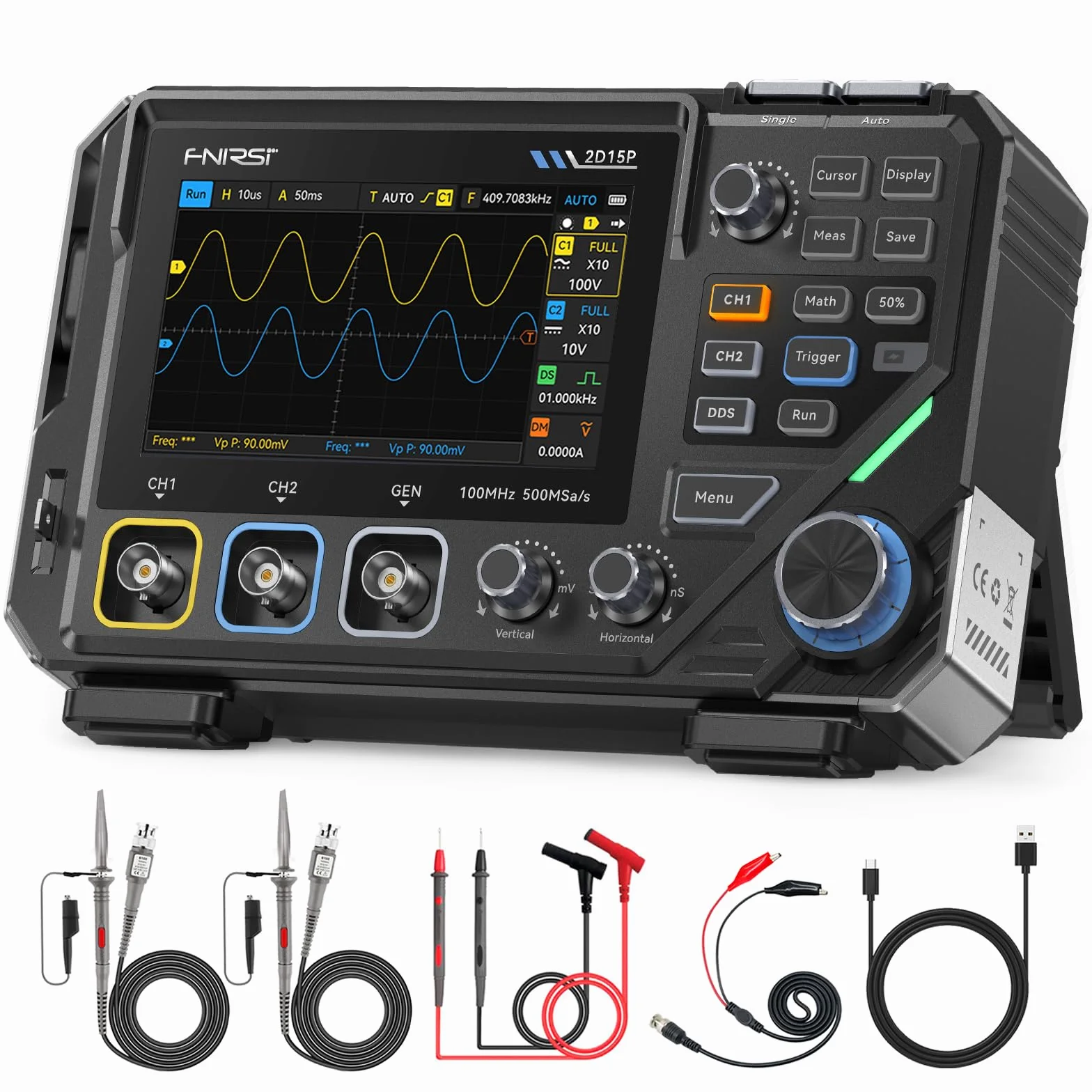 FNIRSI 2D15P 100MHz Digitales Oszilloskop Multimeter DDS-Signalgenerator 3 in 1, 2CH Oszilloskop Multimeter für die Automobilindustrie 19.999 TRMS-Zählwerte, 500MS/s Abtastrate, 4,3 Zoll Touchscreen