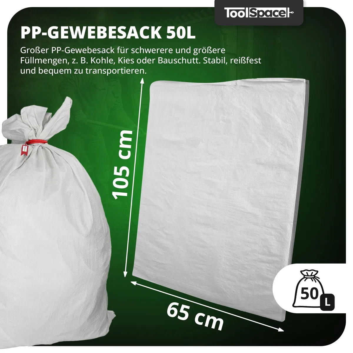 ToolSpace Gewebesack Bauschuttsäcke 20x Getreidesäcke 50kg Säcke 105x65 cm aus robustem Polypropylen Ideal als Sandsäcke Schwergutsäcke Abfallsäcke PP-Gewebesäcke als Kohlensack reißfest Transportsack