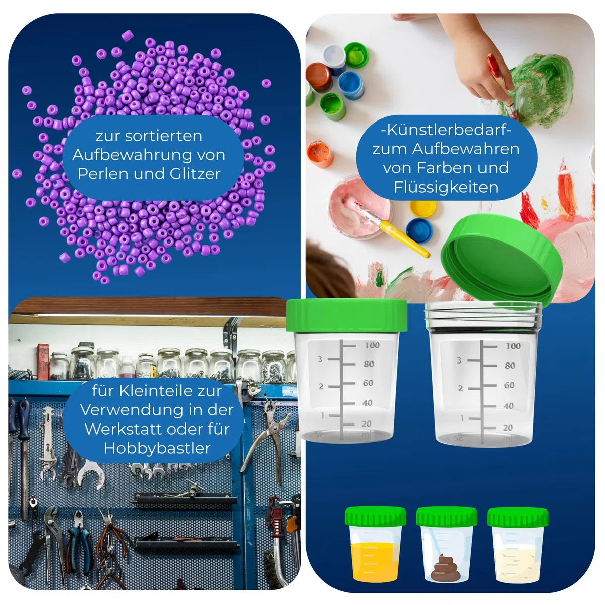 Urinbecher/Probenbecher mit Schraubverschluss 125ml Fassungsvermögen, Maßtabelle bis 100ml/3oz, beschriftbar (100Stk)