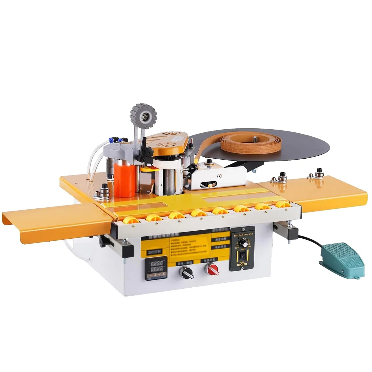 Automatische Tischkantenanleimmaschine, 1200 W, tragbar, mit Fußpedal, automatischer Bandabriss, einstellbarer Geschwindigkeit, Digitalanzeige, 2–6 m/min, für verschiedene Platten und Leisten