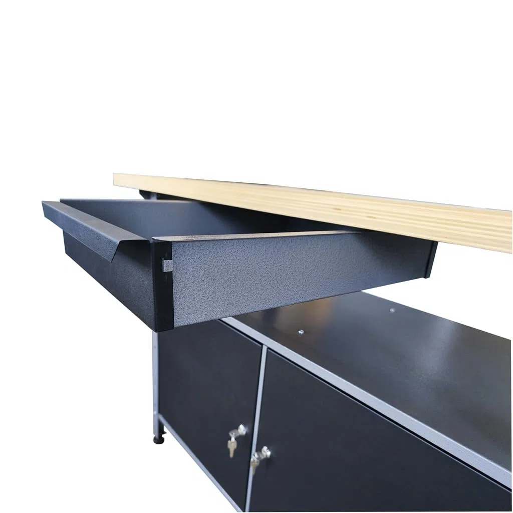 Werkbank aus Metall mit 30 mm Sperrholzplatte, verschließbaren Türen und Schublade, Maße (BxTxH): 120 x 85 x 60 cm