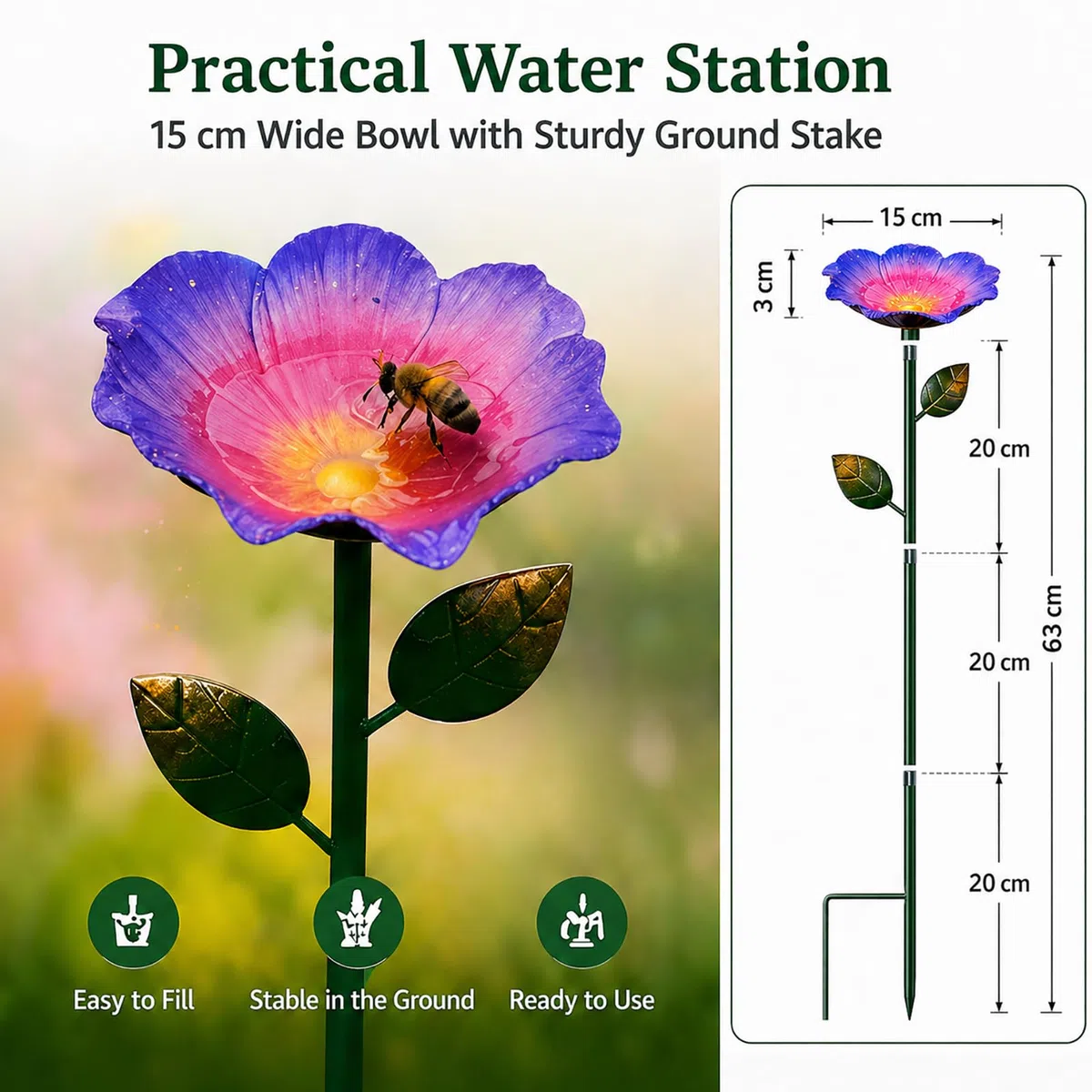 Bienen Tränke Garten, 15cm Große Bienentränke Metall Blume mit Erdspieß, Vogeltränke & Insektentränke, Bienen Wasserstation & Mini Vogelbad für Garten Balkon, Gartendeko & Garden Gift (3 Stück)