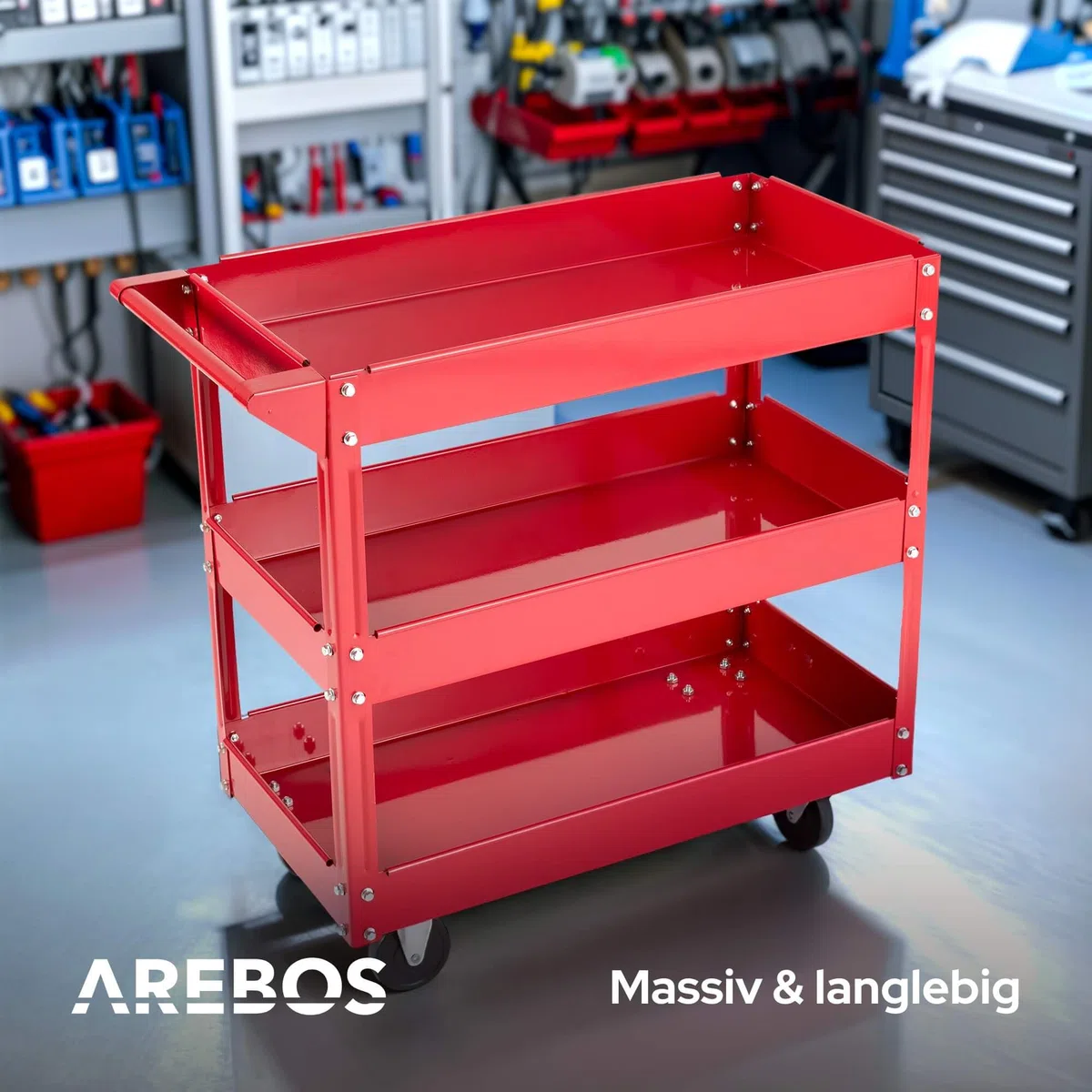 Arebos Werkstatt-Rollwagen | Montagewagen mit 3 Ablagefächern | bis 120 kg belastbar | robuster Werkzeugwagen aus Stahl | Mobile Transporthilfe mit 2 Lenkrollen | für Werkstatt, Garage & Hobbyraum