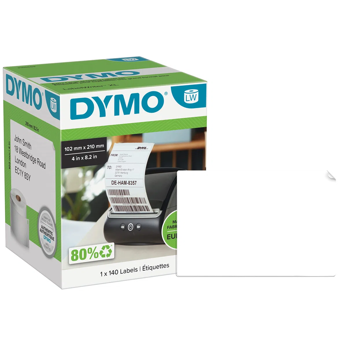 DYMO Original LabelWriter DHL Versandetiketten für 5XL/4XL-Etikettendrucker | 102 mm x 210 mm | Rolle mit 140 Etiketten | selbstklebend