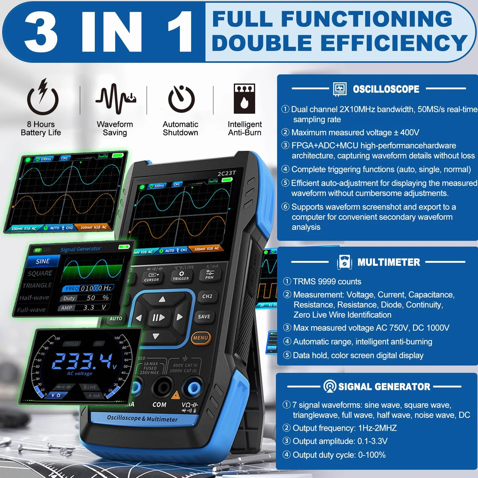 Oszilloskop Multimeter(Deutsch), WapoRich 2 Kanal Handheld Oszi, 3-in-1 Digital oscilloscope mit 10 MHz, 50 MSa/s, TRMS 9999 Counts, 7 Signalwellenformen, 32 KB Speichertiefe, Online-Update