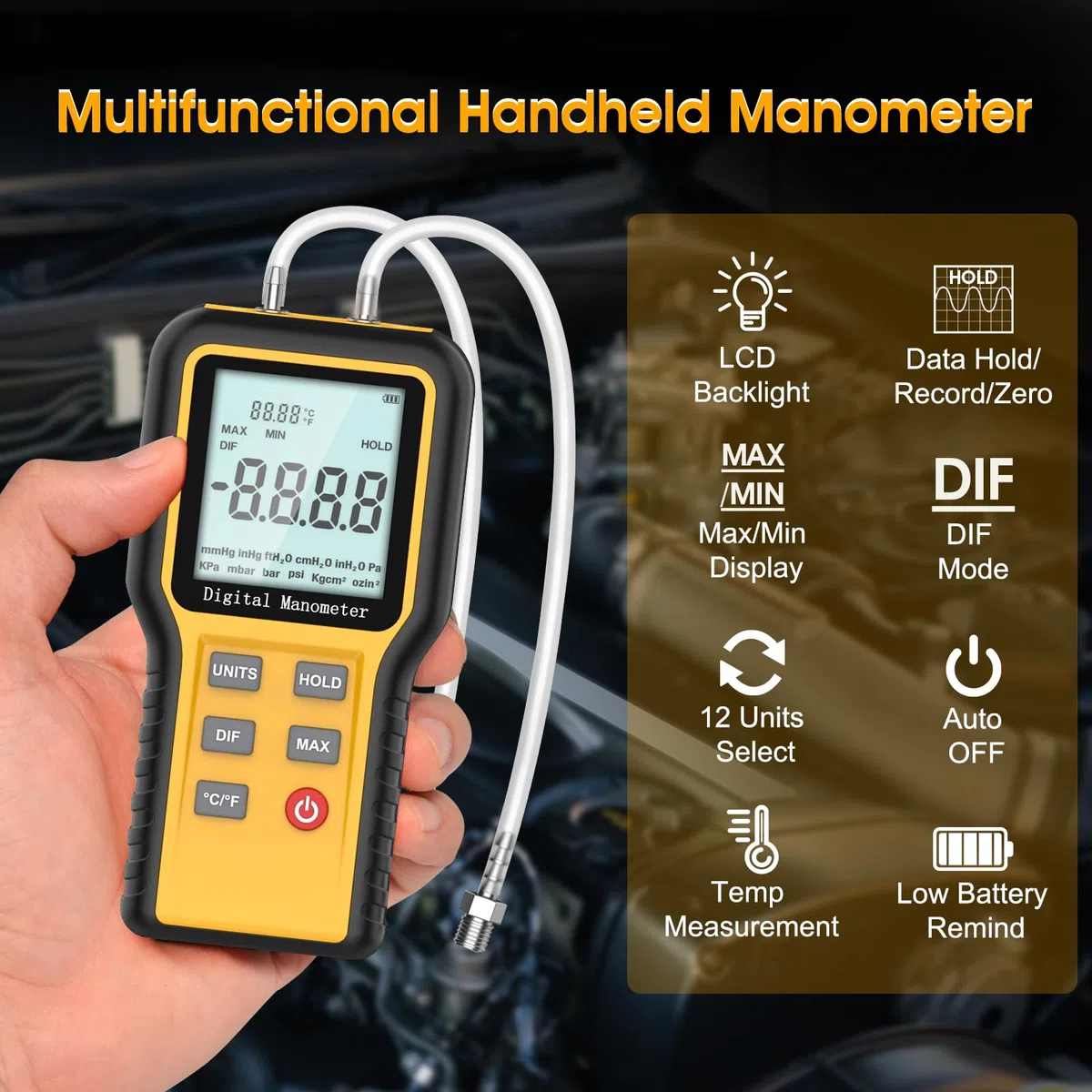 Differenzdruckmessgerät, Digital Manometer Manometer Tester HVAC, ±2.999psi Gasdrucktester, ±20.68kPa Luftdruckmessgerät mit LCD-Hintergrundbeleuchtung, 12 optionale Einheiten Differenzdruckmanometer
