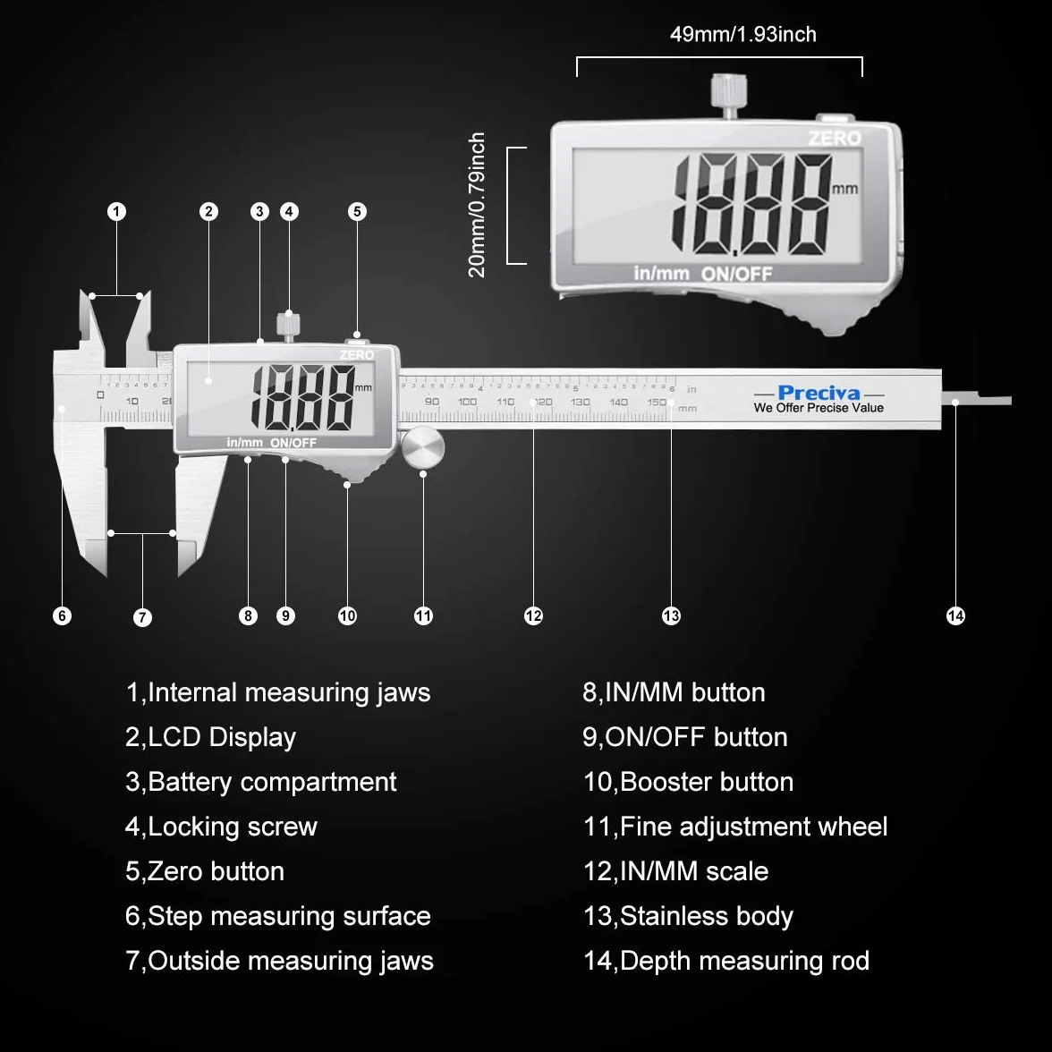 Messschieber Digitale Schieblehre, Preciva Edelstahl Messlehre Messwerkzeuge Spritzwasserdicht Staubdicht mit Ersatzbatterie und größem Display - 150 mm (blau)