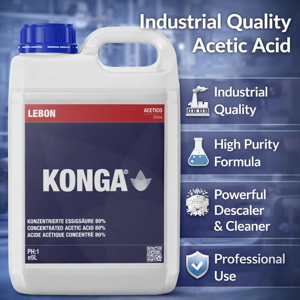 Konga Acetico Essigsäure in Industriequalität | Hochreiner Entkalker & Reiniger | Entfernt starke Kalk- und Mineralablagerungen | Für gewerbliche Geräte, Heizkessel und Industrieanlagen (1 l)