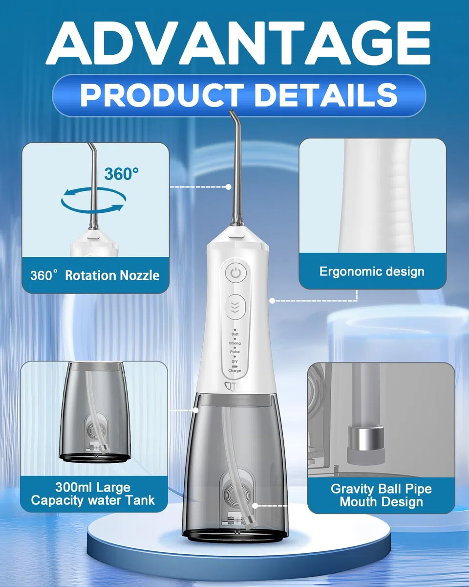 Munddusche JTF Zahndusche & Zungenreiniger, 300ML Wassertank, USB-C Wiederaufladbare Water Flosser, Modell F100