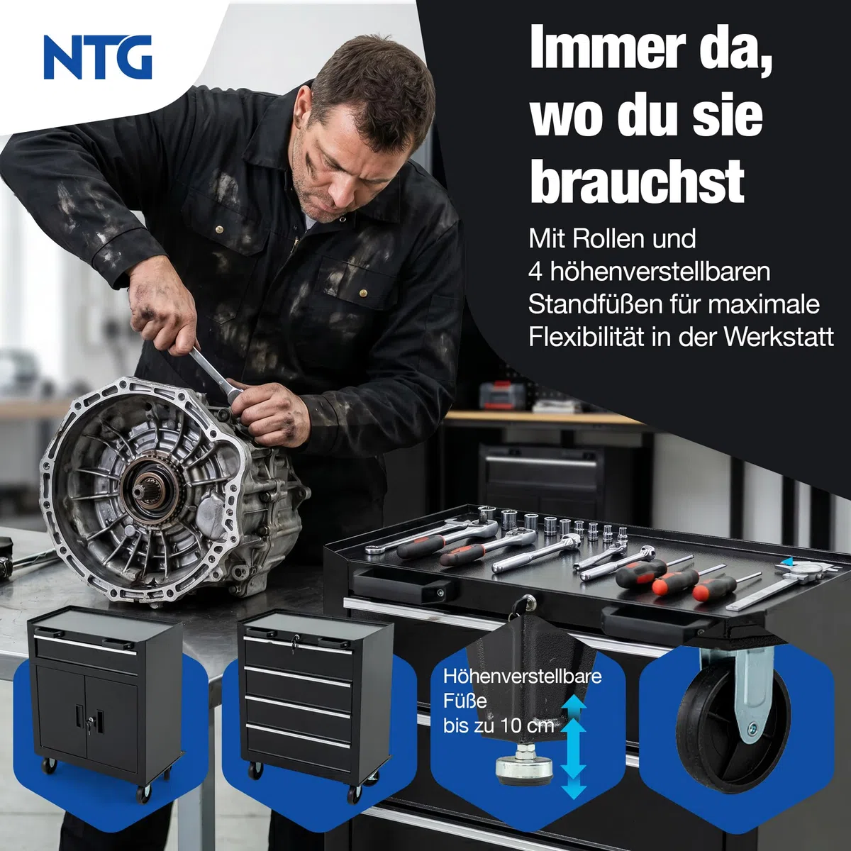 NTG XL Werkstattwand Komplett-Set 210 cm – Werkbank mit Werkstattwagen-Elementen & Lochwand – Modulare Werkstatteinrichtung mit Werkzeugschränken, 25 mm Holzarbeitsplatte, 200 kg Traglast