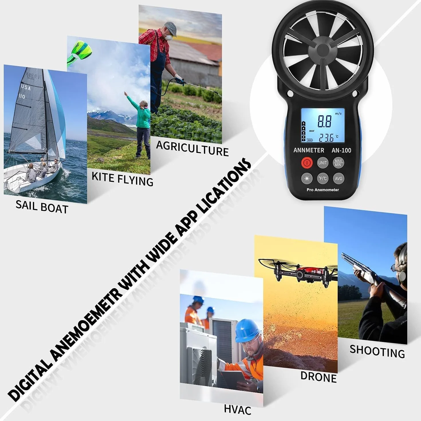 Digitalen Windmesser Anemometer, AIOMEST Windmessgerät Misst Windgeschwindigkeit 90km/h & Lufttemperatur ℃/℉, Tragbarer Wind Meter AI-100 für Segeln Windrad Windsurfen Belüftungsanlage